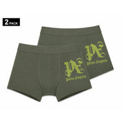 Olivgrüne Boxershorts mit Palmenengeln-Motiv und limettengrünem, gesticktem Logo aus schwarzer Baumwolle für Herrenunterwäsche
