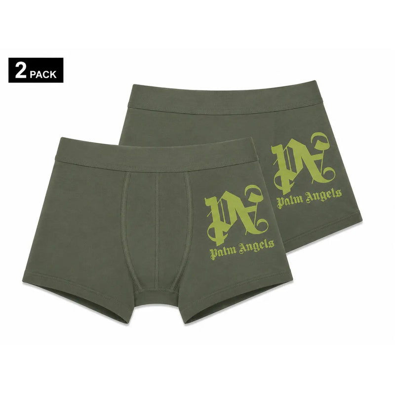 Olivgrüne Boxershorts mit Palmenengeln-Motiv und limettengrünem, gesticktem Logo aus schwarzer Baumwolle für Herrenunterwäsche