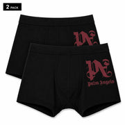 Schwarze Herren-Boxershorts aus Baumwolle mit bordeauxrotem PN-Logo und Palm Angels-Schriftzug an der Seite von Palm Angels