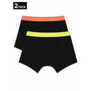 Palm Angels Herren-Boxershorts aus schwarzer Baumwolle, 2er-Pack, mit leuchtend orangefarbenem Bund und neongelbem Streifengummi.