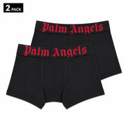 Schwarze Boxershorts mit Palmenengeln-Motiv und roter gotischer Schrift am Bund, aus grünem, dehnbarem Baumwollunterwäsche
