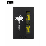 Schwarze Palm Angels Unterwäschebox mit zwei olivgrünen und gelb gemusterten Boxershorts aus dehnbarem Baumwollstoff.