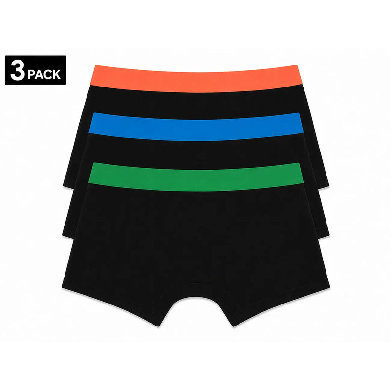 Dreierpackung Palm Angels Herren-Stretchslips aus schwarzer Baumwolle mit farbenfrohen, orangefarbenen, blauen und grünen Gummibündchen.