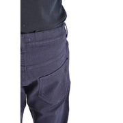 Back view of paolo pecora men cotton stretch trousers in dark navy blue denim with textured weave and black brand tag
