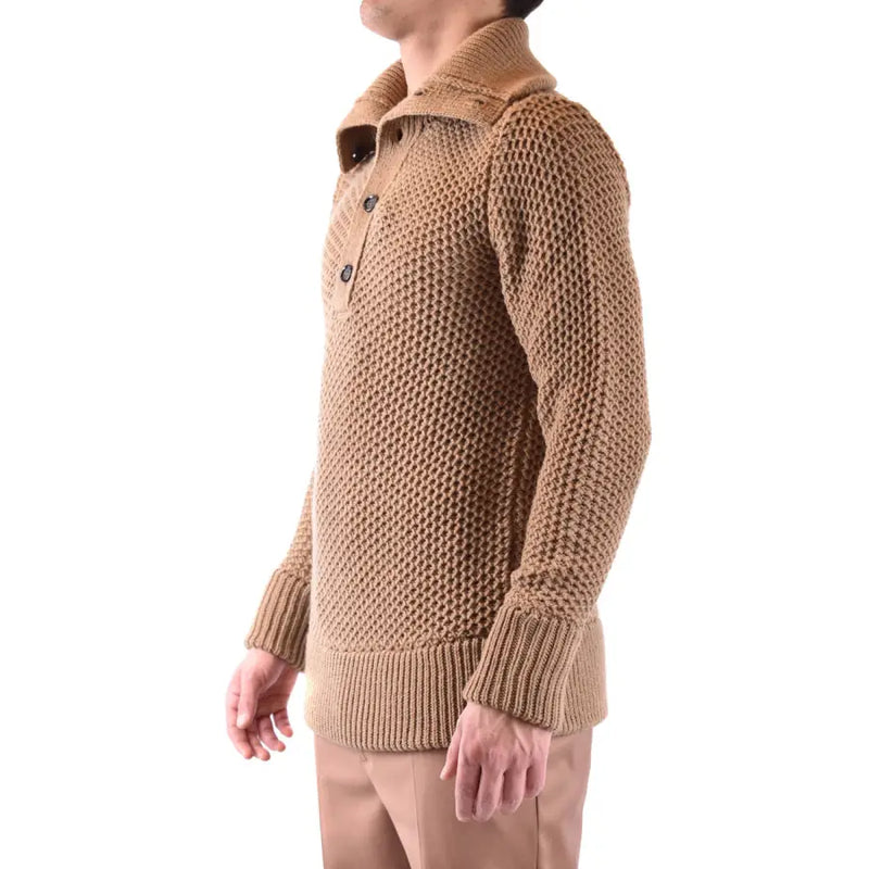 Paolo Pecora Herren-Strickpullover aus Kamelwolle mit Struktur, Kragen und Knopfverschluss für stilvolle Wärme