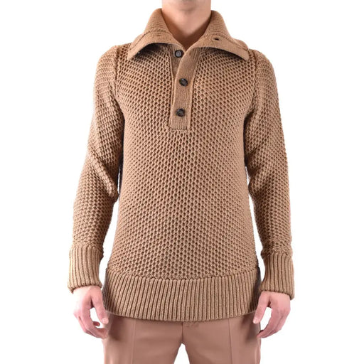 Paolo Pecora Herren-Strickpullover aus Kamelwolle mit strukturiertem Kragen und drei dunklen Knöpfen auf der Vorderseite