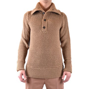 Paolo Pecora men’s camel wool knit sweater with textured collar and three dark buttons down the front