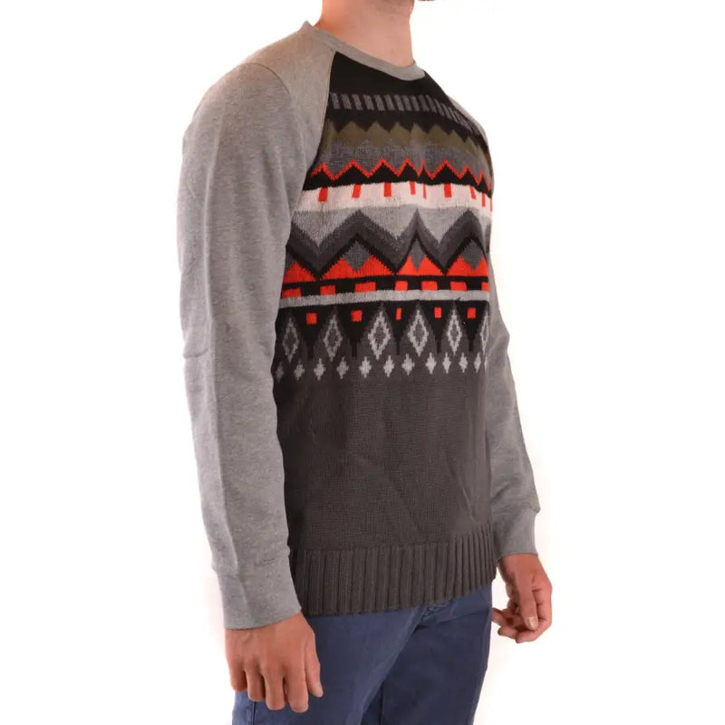 Grauer Herren-Strickpullover aus Wolle von Paolo Pecora mit Rundhalsausschnitt und geometrischen Mustern in Rot, Weiß und Olivgrün