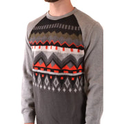 Grauer Strickpullover von Paolo Pecora für Herren aus Wolle mit Rundhalsausschnitt und schwarzen Strickmustern sowie rot-weiß-olivgrünen geometrischen Mustern