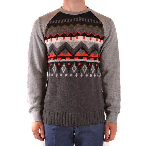 Paolo pecora men knitwear grey wool sweater with red white and olive green geometric patterns across the chest