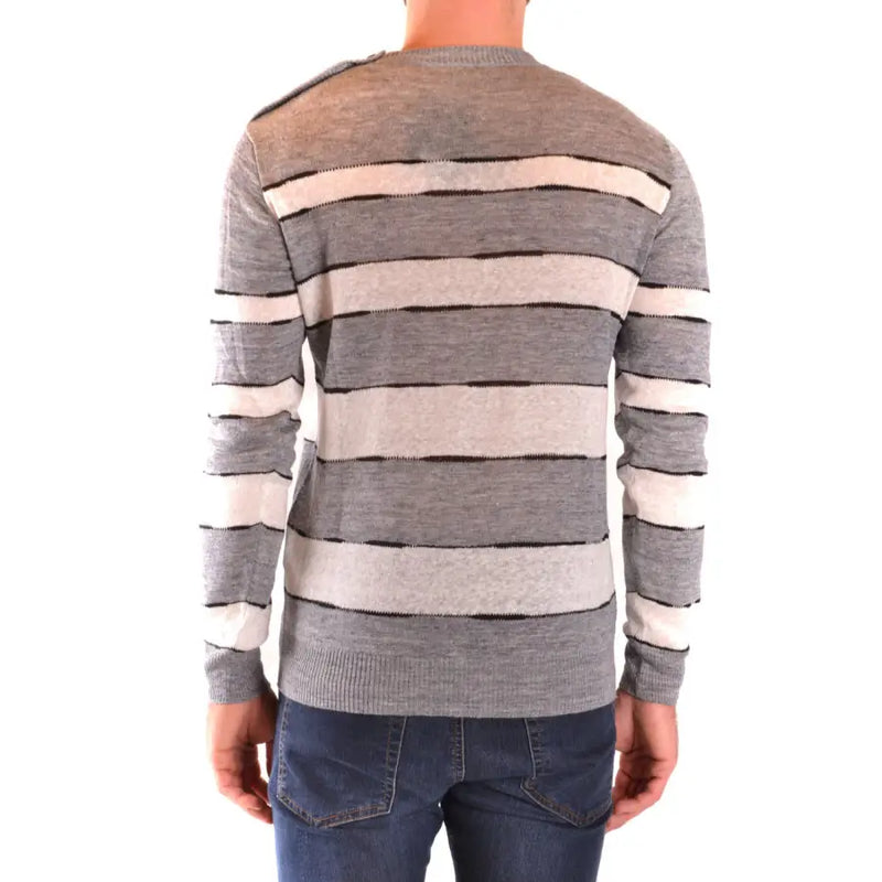 Paolo Pecora Herren-Leinenpullover mit langen Ärmeln und horizontalen Streifen in Grau, Beige und Schwarz, mehrfarbige Strickware