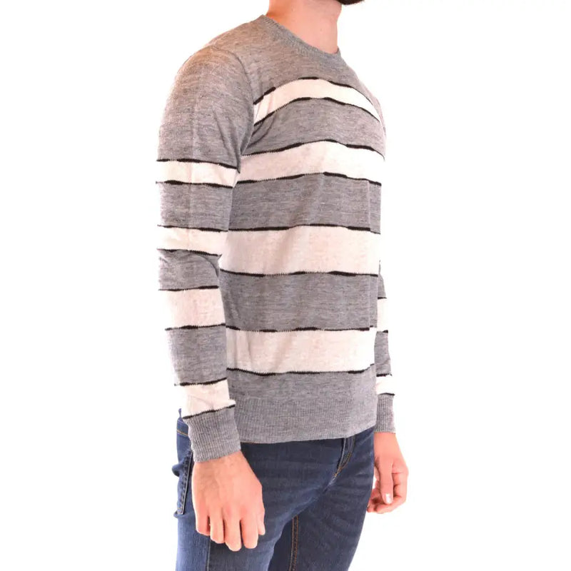 Paolo Pecora Herren-Strickwaren, langärmeliger, gestreifter Leinenpullover in den Farben Heidegrau, Off-White und Schwarz