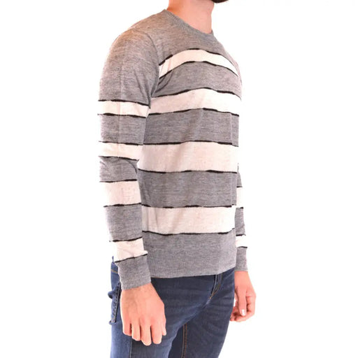 Paolo Pecora Herren-Strickwaren, langärmeliger, gestreifter Leinenpullover in den Farben Heidegrau, Off-White und Schwarz