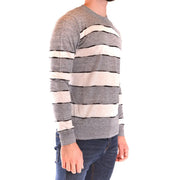 Paolo Pecora men knitwear long-sleeved striped linen sweater in heather gray off-white and black colors