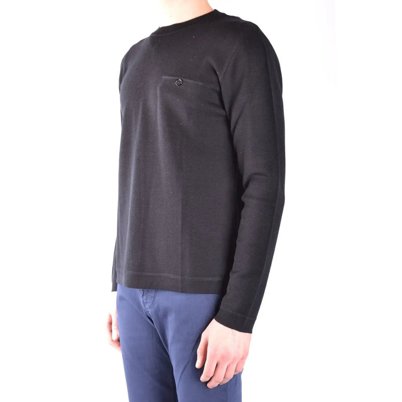 Paolo Pecora men round neck black wool knitwear with long sleeves and small embroidered logo on left chest
