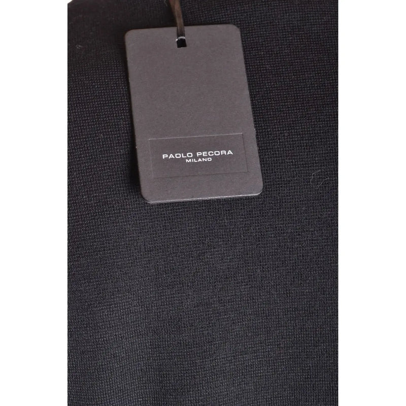 Black textured wool knitwear with a round neck and matte black paolo pecora milano tag on long sleeve garment
