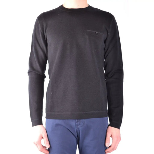 Paolo Pecora men round neck black wool knitwear long sleeve sweater with small embroidered logo on left chest pocket