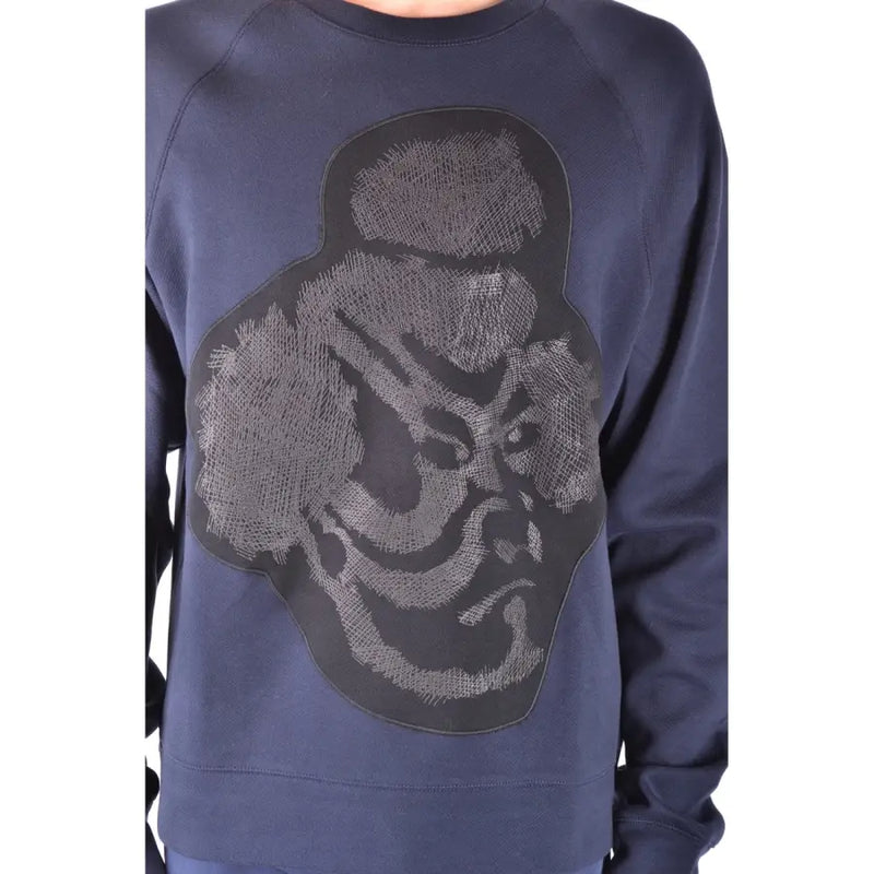 Paolo Pecora Herren-Sweatshirt, marineblau, aus Baumwolle, mit Rundhalsausschnitt und strukturiertem, schwarzem Gorilla-Gesichtsmotiv auf der Vorderseite