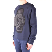 Marineblaues Herren-Sweatshirt aus Baumwolle von Paolo Pecora mit Rundhalsausschnitt und detailliertem, dunkelgrau-schwarz gesticktem Gorilla-Gesicht