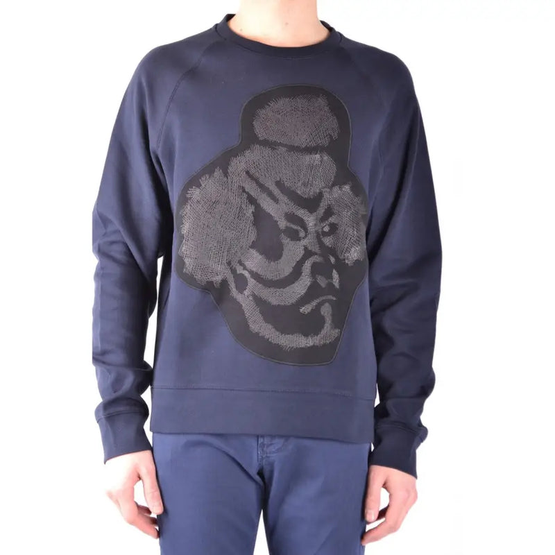 Paolo Pecora Herren-Sweatshirt, marineblau, aus Baumwolle, mit strukturiertem, dunkelgrau gesticktem Gesichtsmotiv auf der Vorderseite