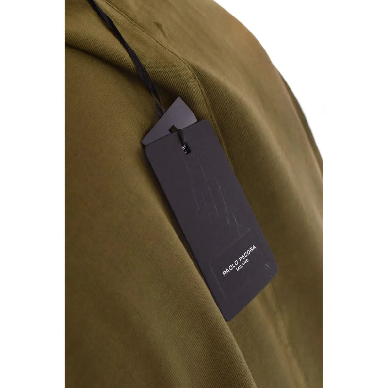 Paolo pecora men t shirt with dark gray rectangular brand tag on olive green fabric showing the back side