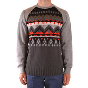 Paolo Pecora Wollpullover für Herren in Grau und Schwarz mit rot-weiß-olivgrünen geometrischen Mustern, Vorderansicht