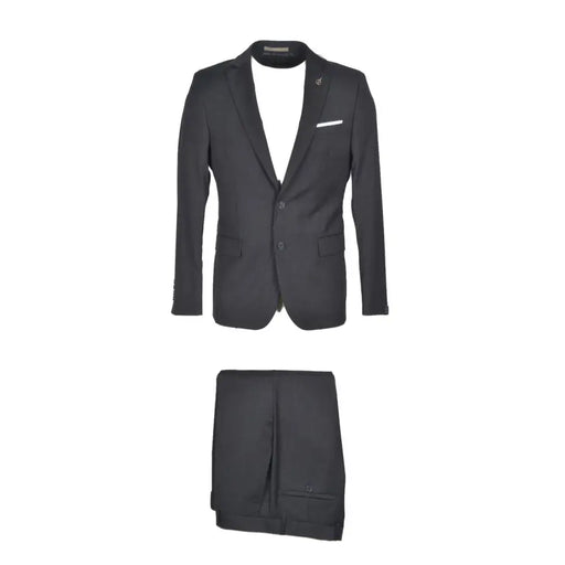Black tailored mens suit by Paoloni with notched lapel two-button closure and matching trousers in fleece wool for fall winter