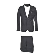 Black tailored suit with notched lapel two-button closure and matching trousers with flap pockets by paoloni gray fleece wool