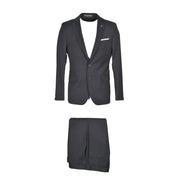 Black tailored mens suit by Paoloni with notched lapel two-button closure and matching trousers in fleece wool for fall winter