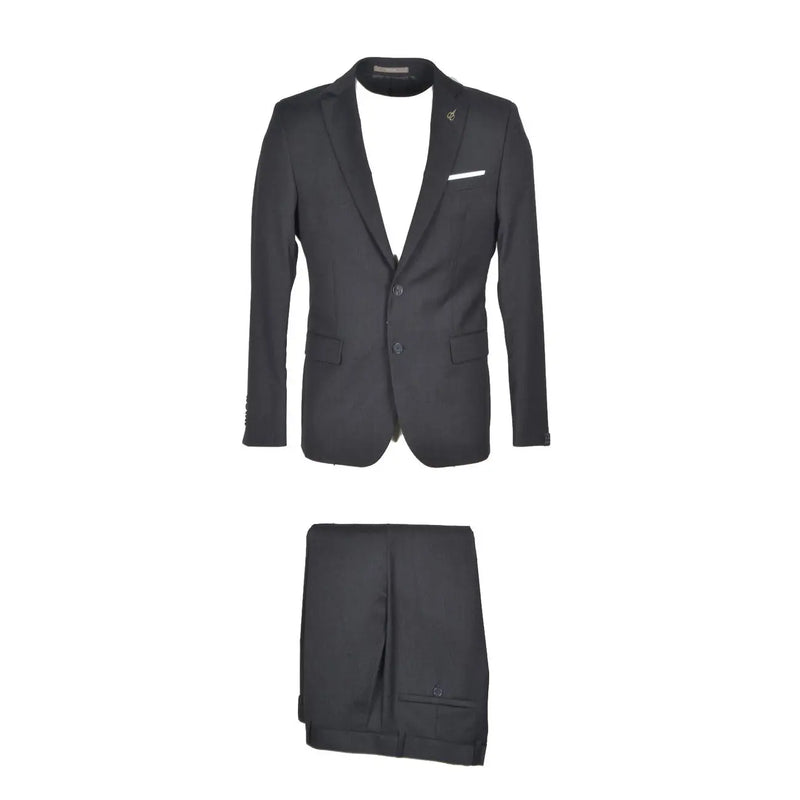 Black tailored mens suit by Paoloni with notched lapel two-button closure and matching trousers in fleece wool for fall winter