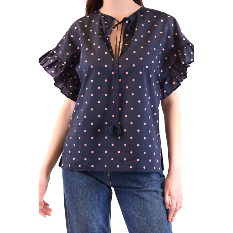 Navy blue silk blouse with pink polka dots and ruffled short sleeves by Parosh women designer fashion top