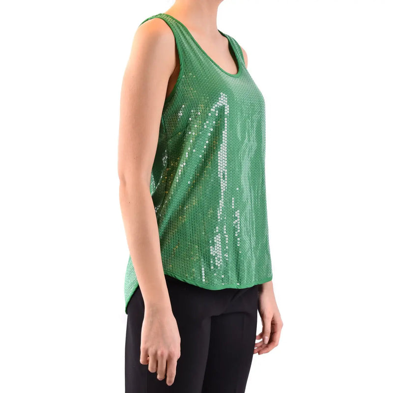Parosh Damen grünes Pailletten-Tanktop aus Baumwolle, schmal geschnitten top mit Rundhalsausschnitt und asymmetrischem Saum, Größe S