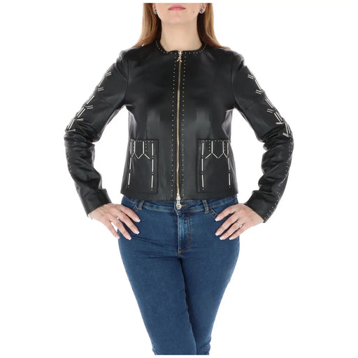 Patrizia Pepe women’s black leather blazer with silver studs zipper detailing and front pockets in leather material