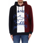 A men’s Paul & Shark color blocked hoodie with black white maroon panels and navy blue shark logo and text