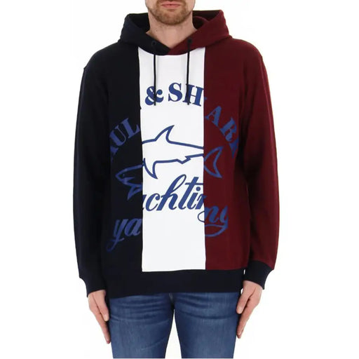 A men’s Paul & Shark color blocked hoodie with black white maroon panels and navy blue shark logo and text