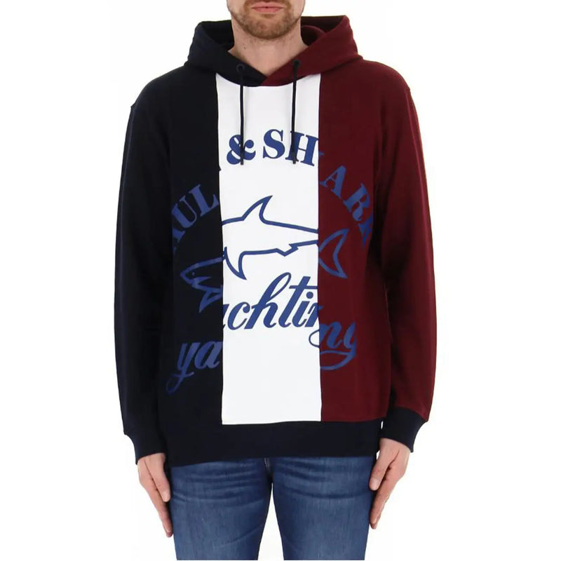 A men’s Paul & Shark color blocked hoodie with black white maroon panels and navy blue shark logo and text