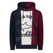 Paul and shark color blocked hoodie in navy blue maroon and white with prominent shark logo and branding on front
