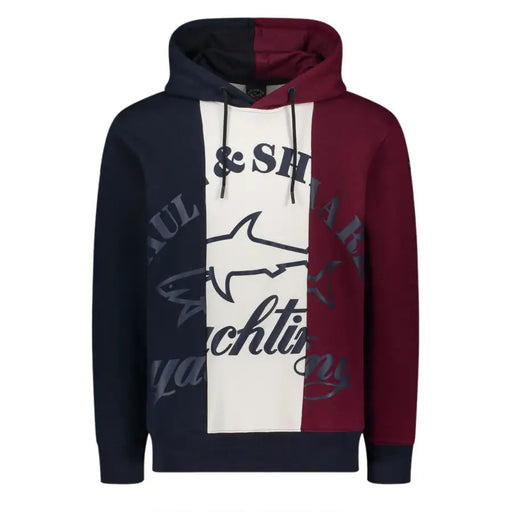 Paul and shark color blocked hoodie in navy blue maroon and white with prominent shark logo and branding on front