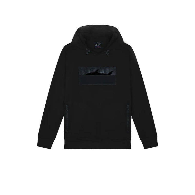 Schwarzer Herren-Sweatshirt-Hoodie aus Baumwolle von Paul and Shark mit Kapuze, Reißverschlusstaschen an den Seiten und dezentem Hai-Silhouette-Aufnäher.