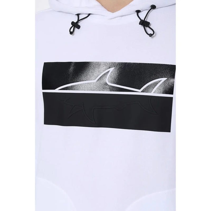 Paul and Shark men sweatshirt white hooded long sleeve with bold black graphic and white shark silhouette textured finish