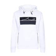 Paul and Shark Herren-Sweatshirt, weiß, Kapuze, langärmlig, mit schwarzem rechteckigem Hai-Aufnäher und schwarzen Kordelzugtaschen