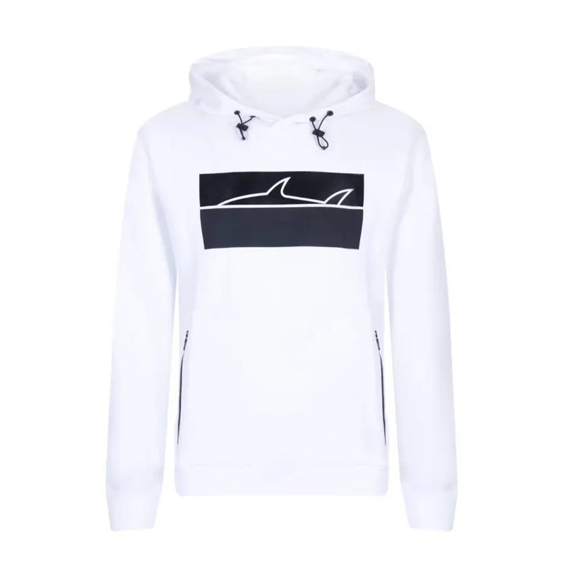 Paul and Shark Herren-Sweatshirt, weiß, Kapuze, langärmlig, mit schwarzem rechteckigem Hai-Aufnäher und schwarzen Kordelzugtaschen