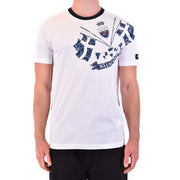 Weißes Herren-T-Shirt aus Baumwolle von Paul and Shark mit marineblauem, im Used-Look gehaltenem maritimen Flaggenmotiv und schwarzem Rippstrick-Rundhalsausschnitt