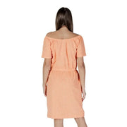 Peach off-the-shoulder dress from B.young with orange polka dots for a stylish look
