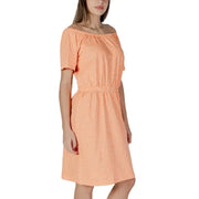 Peach off-the-shoulder dress from B.young with orange polka dots and short length