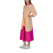 Peach and pink color-blocked midi dress from B.young with V-neck, buttons, and pockets