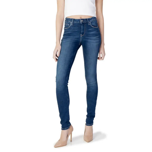 Pepe Jeans women blue worn-out effect high-waisted slim fit dark blue denim jeans with classic five-pocket design