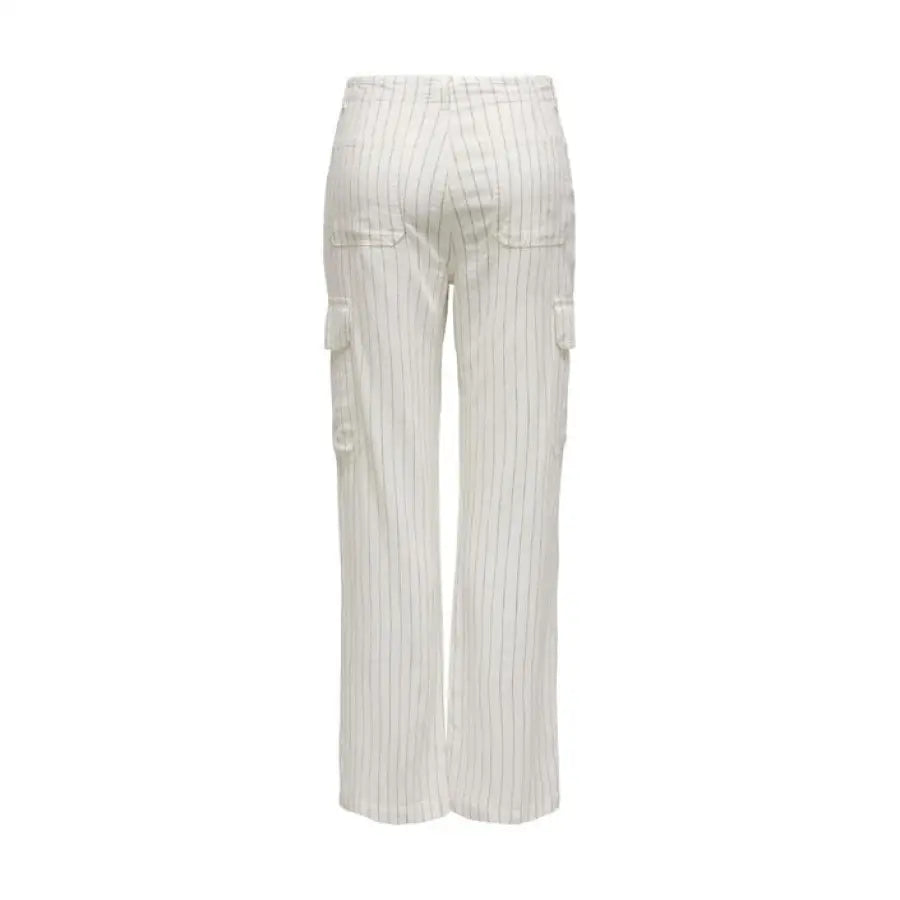 
                      
                        White pinstripe trousers for women highlighting urban city style fashion
                      
                    