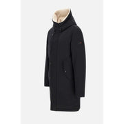 Peuterey Herrenblazer, schwarze Winterjacke aus Wollmischung mit schwarzer Kapuze und weichem beigefarbenem Innenfutter mit Ärmellogo