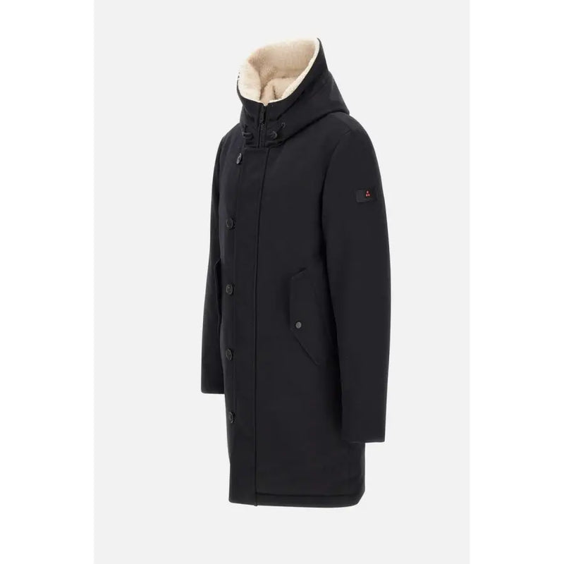 Peuterey Herrenblazer, schwarze Winterjacke aus Wollmischung mit schwarzer Kapuze und weichem beigefarbenem Innenfutter mit Ärmellogo